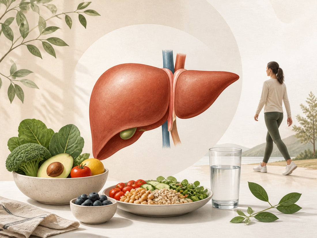 Editorial illustration of liver health with whole foods, water, and walking