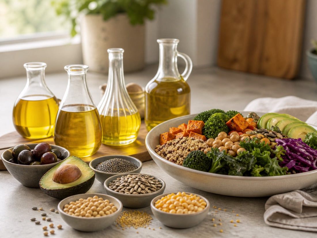 Cooking oils, seeds, olives, avocado, and a fiber-rich meal illustrating balanced context in the seed oil debate