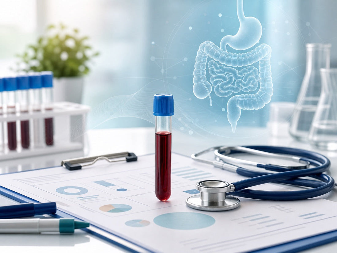 Blood sample, lab report, stethoscope, and digestive system illustration representing deeper GI testing beyond routine bloodwork