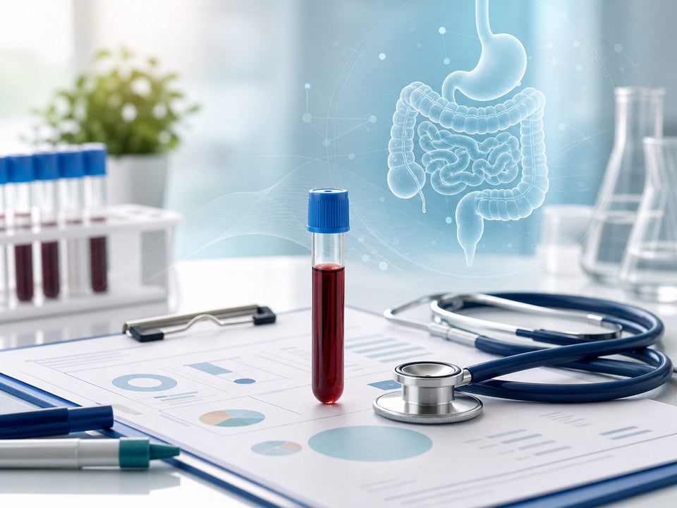 Blood sample, lab report, stethoscope, and digestive system illustration representing deeper GI testing beyond routine bloodwork