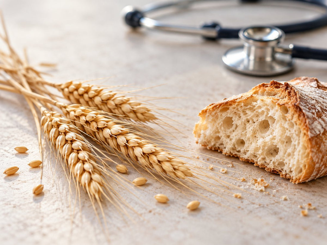Wheat stalks and rustic bread beside a stethoscope, illustrating celiac disease and testing.