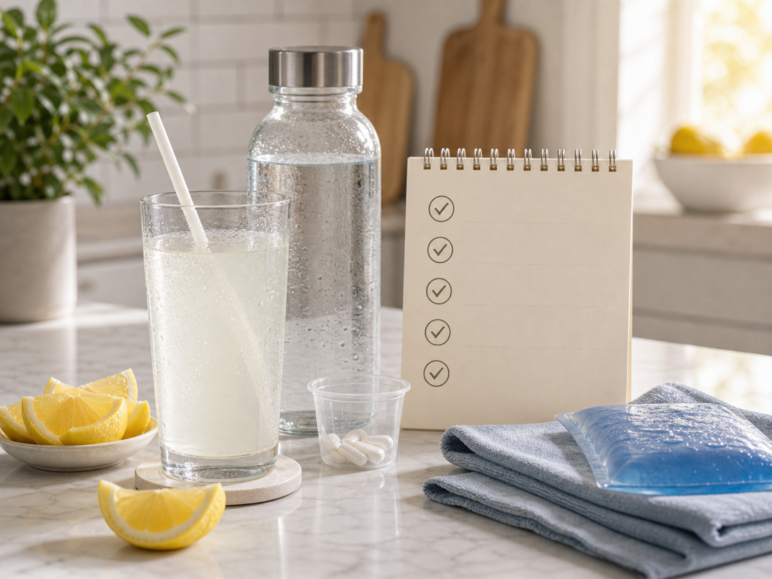Colonoscopy prep supplies with clear drink, straw, lemon wedges, water, pill cup, and blank checklist