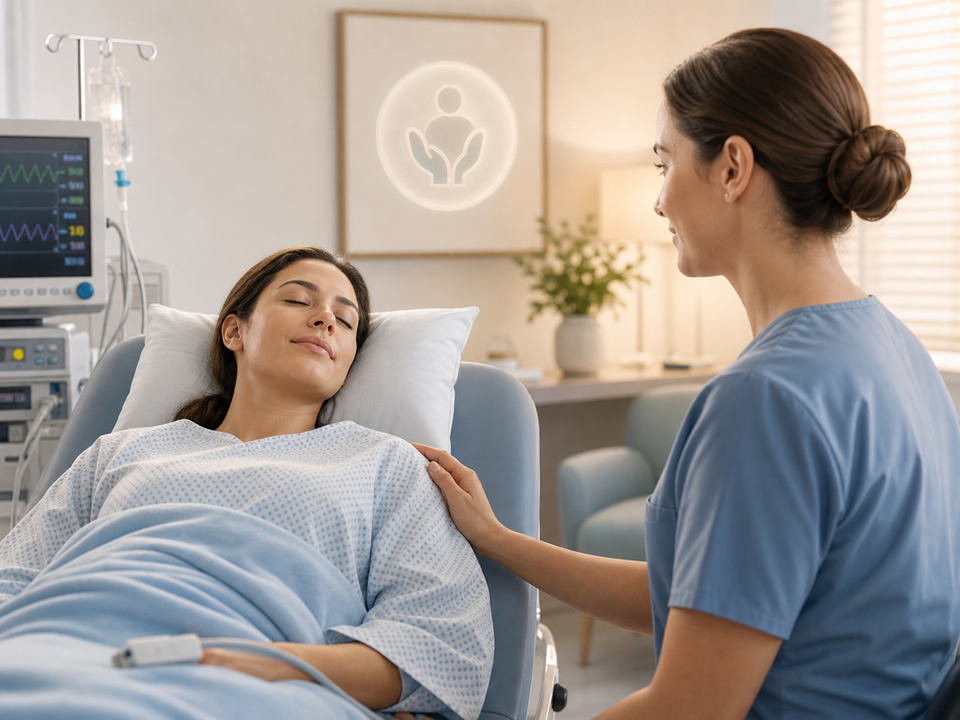 Calm pre-procedure sedation care scene with patient resting comfortably and clinician support
