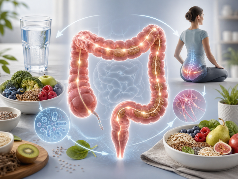 Constipation illustration showing colon motility, hydration, fiber, microbiome, and pelvic floor support