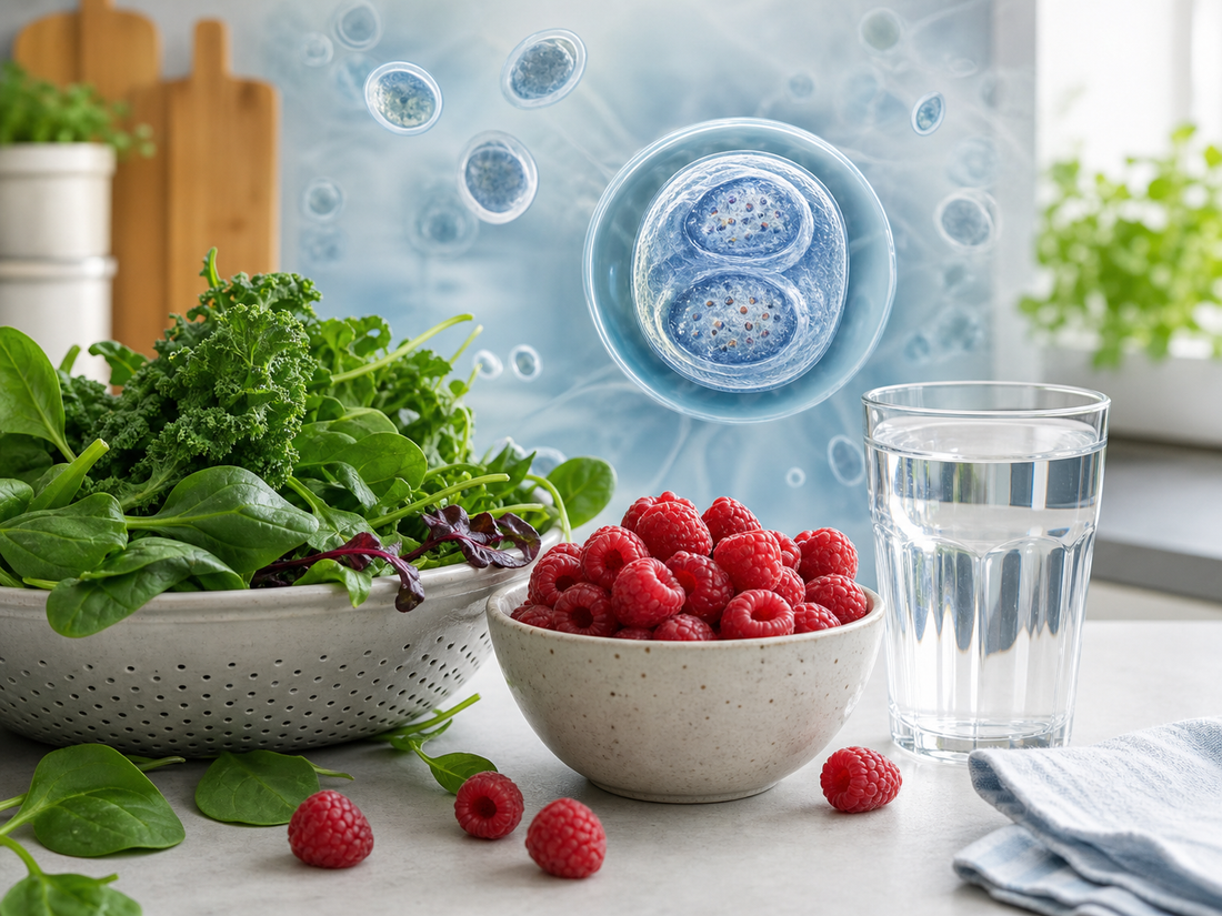 Fresh produce, water, and a scientific microscopic illustration representing Cyclospora and foodborne gastrointestinal illness
