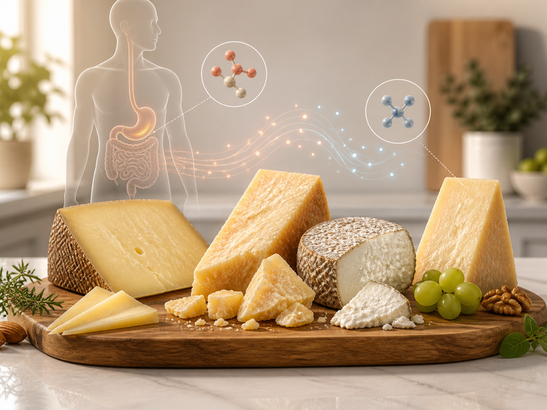 Aged cheeses with digestive health visuals representing lactose and dairy protein sensitivity