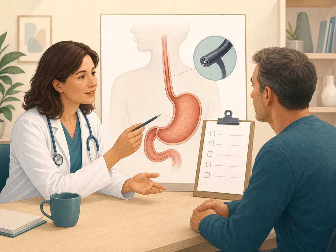 Clinician discussing upper endoscopy decision factors with a patient using an upper digestive tract illustration