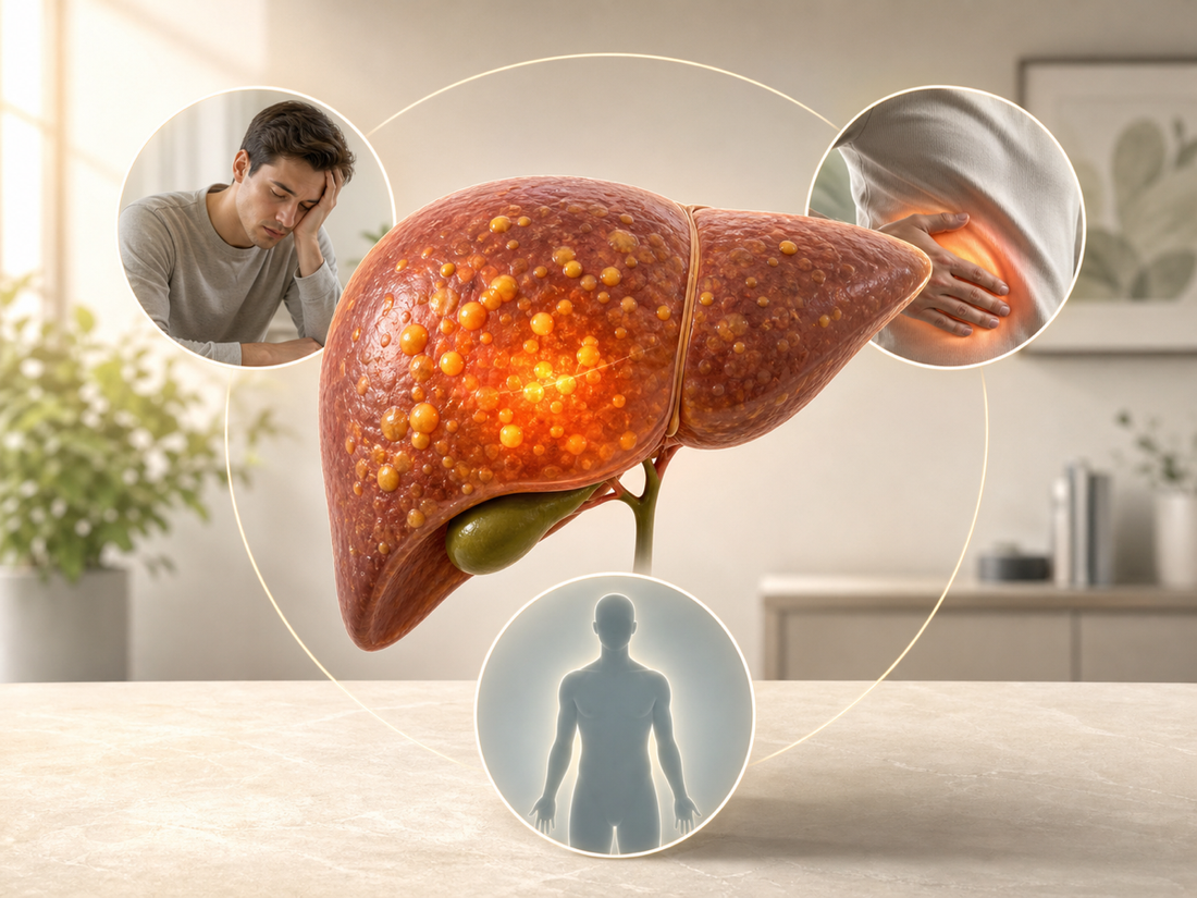 Illustration of fatty liver disease with fatigue, upper-right abdominal pressure, and silent symptoms