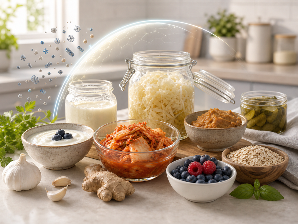 Fermented foods and fiber-rich ingredients with subtle microplastic protection cue