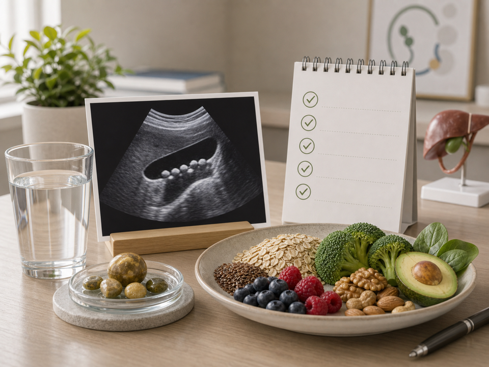 Gallstones care plan with ultrasound image, checklist, water, fiber-rich foods, and abstract gallstone model