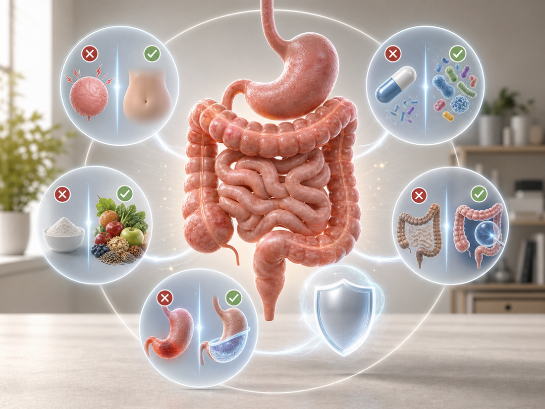 Digestive health myth-busting illustration with bloating, probiotics, fiber, colonoscopy, and stomach lining cues