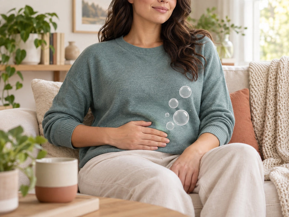 Woman resting a hand on her abdomen with subtle bubbles representing normal digestive gas