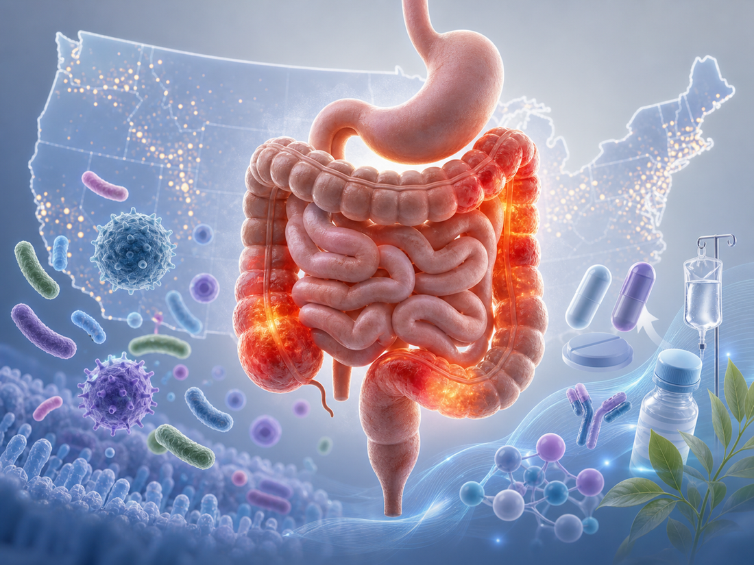 Inflammatory bowel disease illustration with gut inflammation, microbiome changes, and modern treatment cues