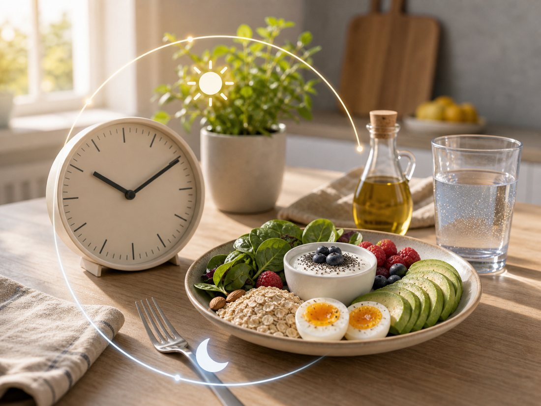Clock, water, and balanced whole-food meal suggesting a consistent intermittent fasting eating window