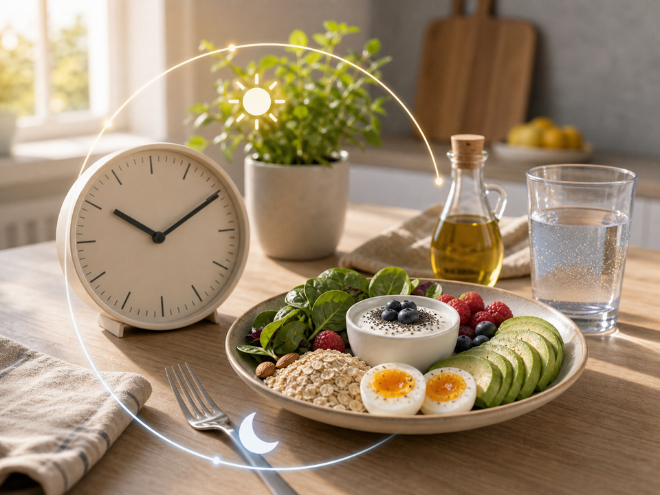 Clock, water, and balanced whole-food meal suggesting a consistent intermittent fasting eating window