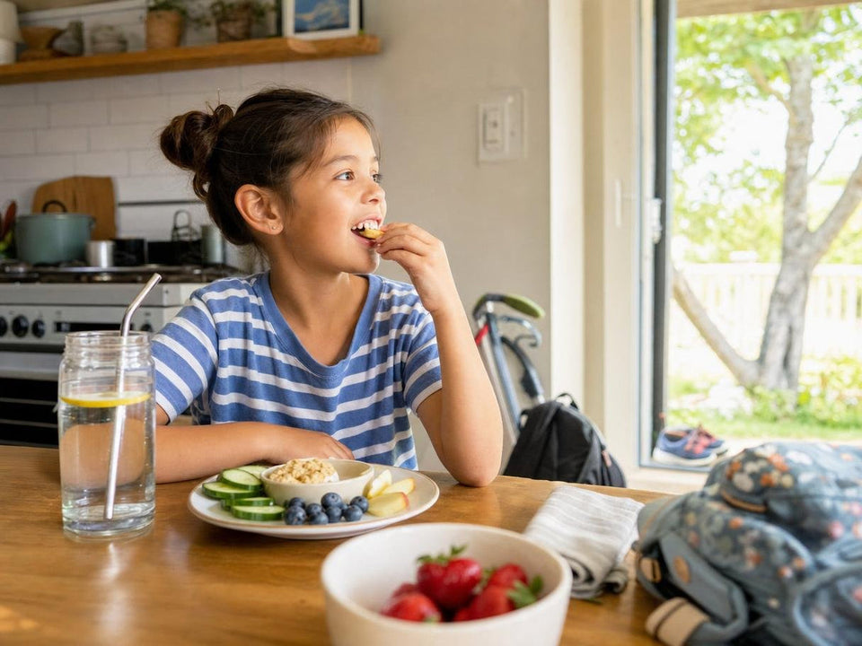 Child’s summer routine with water and balanced snacks, illustrating how rhythm supports kids’ digestion when school is out