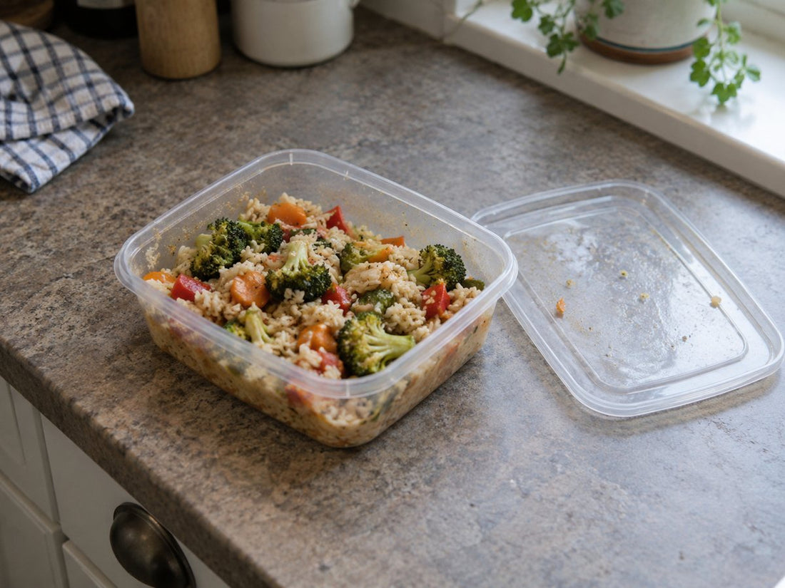 Plastic takeout container with rice and vegetables on a kitchen countertop in natural window light.