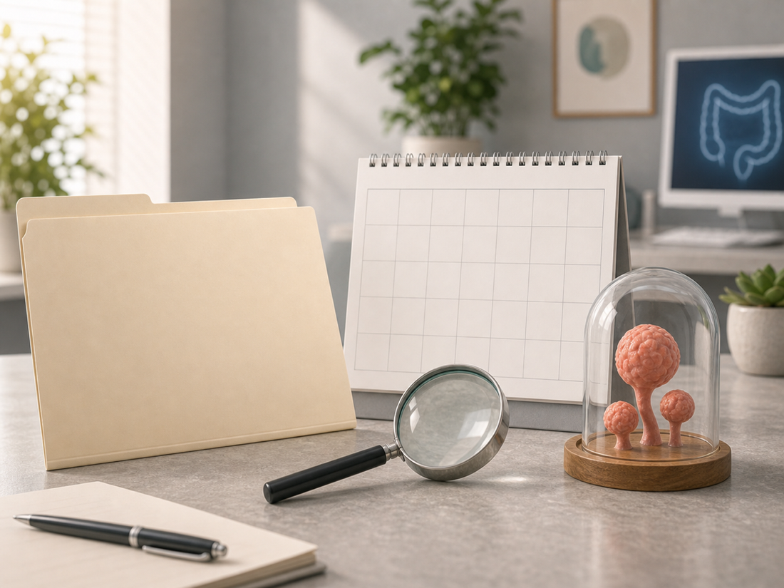 Polyp screening and prevention scene with blank medical folder, follow-up calendar, magnifier, and abstract polyp model