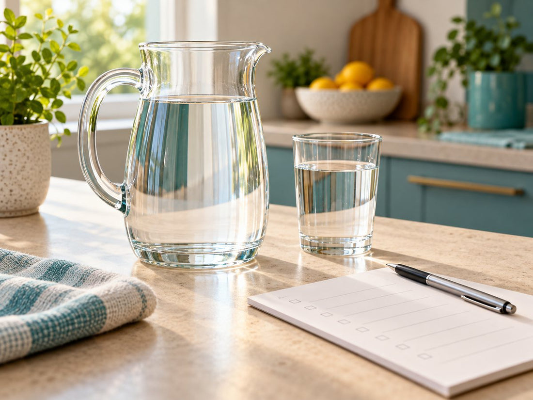 A clear water pitcher, glass of water, and checklist on a kitchen counter.