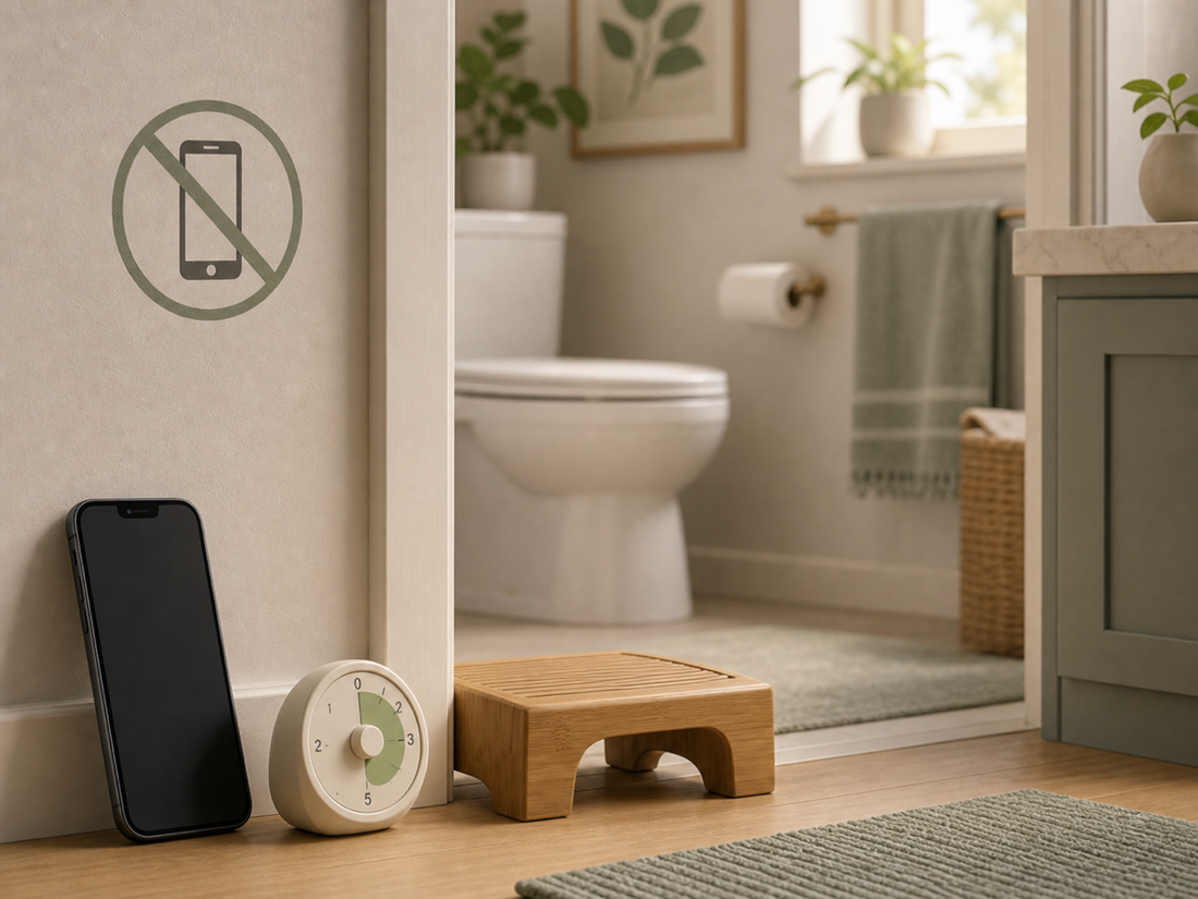Phone left outside bathroom with timer and footstool to encourage shorter healthier bathroom habits