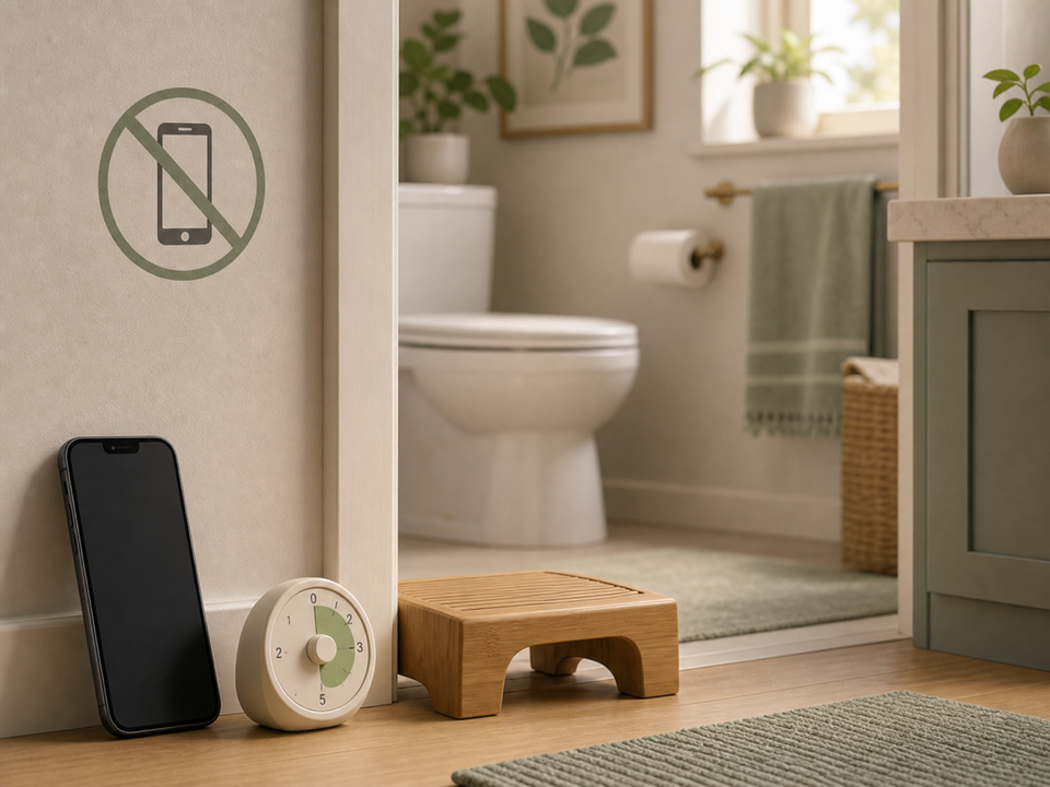 Phone left outside bathroom with timer and footstool to encourage shorter healthier bathroom habits
