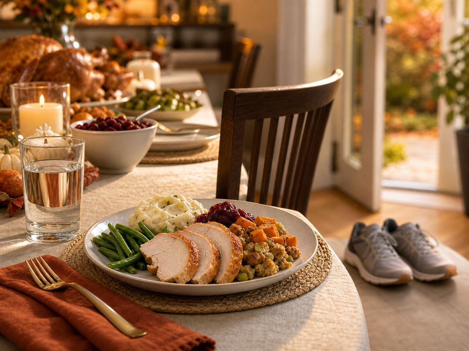Thanksgiving plate with water and walking shoes suggesting reflux-friendly meal habits