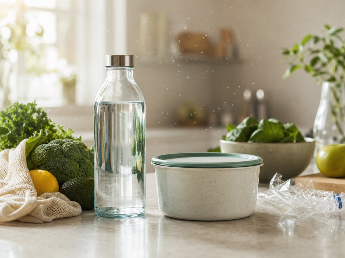 Glass water bottle, ceramic food container, fresh produce, and plastic packaging representing everyday choices around microplastic exposure and gut health