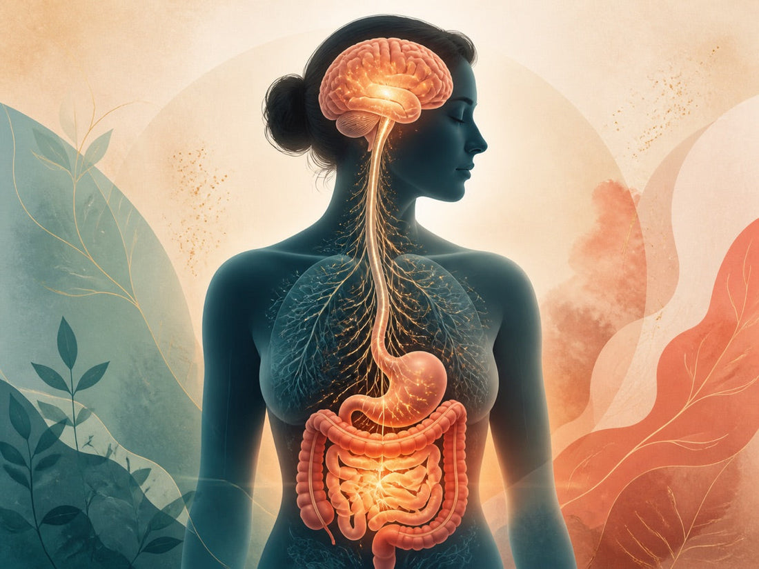 Editorial illustration of the brain and digestive tract connected through the gut-brain axis