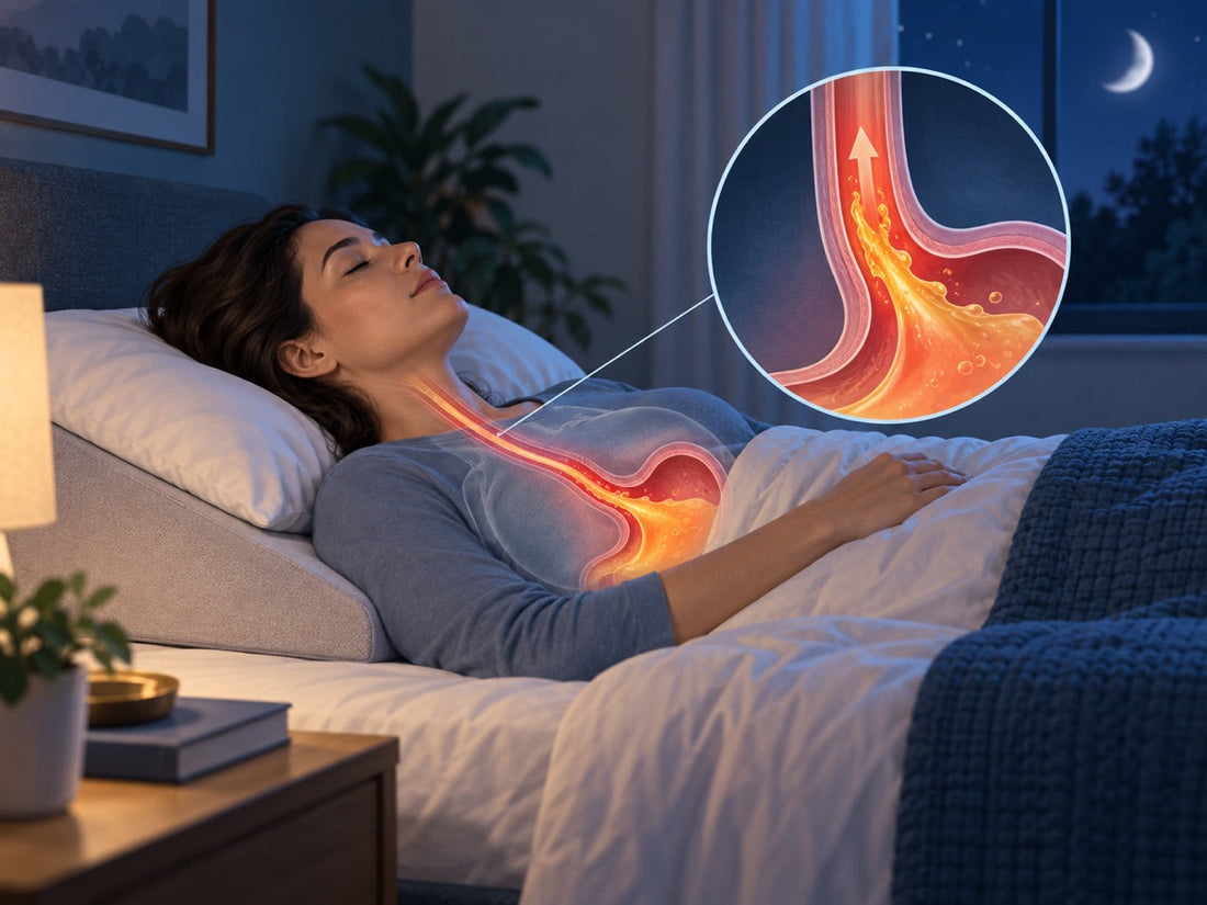 Nighttime acid reflux illustration showing stomach acid moving into the esophagus while lying down