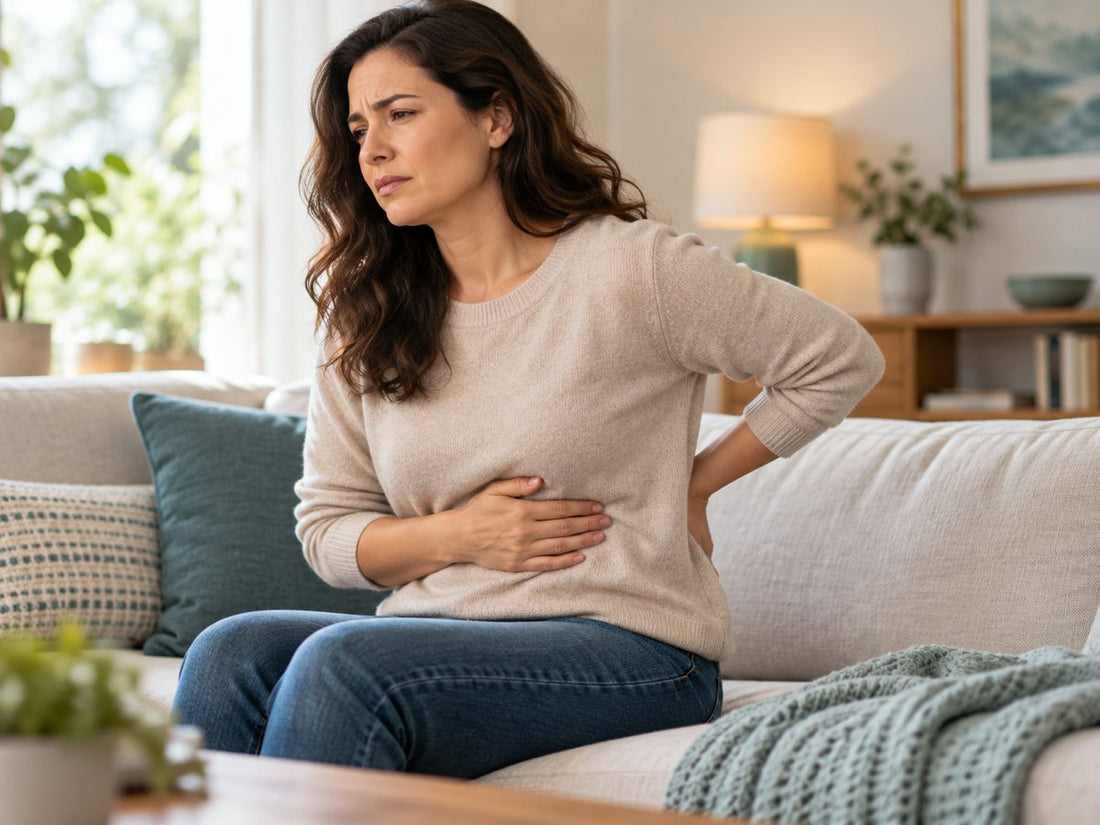 An adult seated at home with one hand on their abdomen and the other on their back.